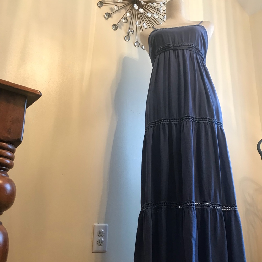 Blue spaghetti strap tiered maternity maxi dress